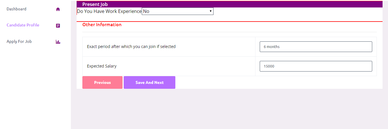 Screenshot after filling Personal Information