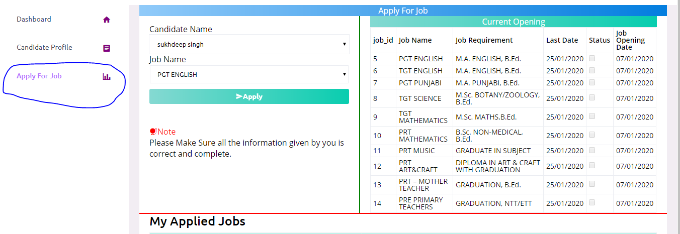 Screenshot of the Job Application Interface